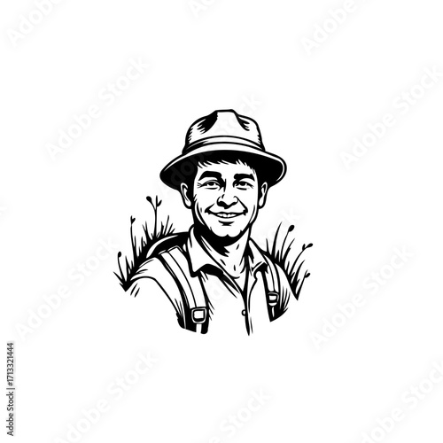 Smiling man in hat illustration exudes charm with farmer aesthetic embodying rustic character art