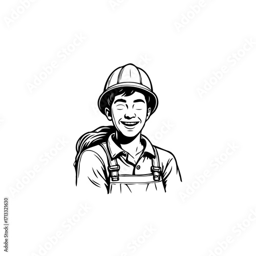 Smiling young construction worker with helmet and overalls, conveying a positive and optimistic