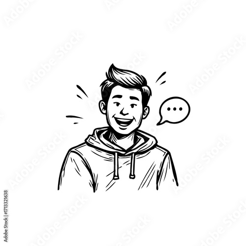 Smiling young man in hoodie illustration radiates cheerful thoughts and positive energy creating