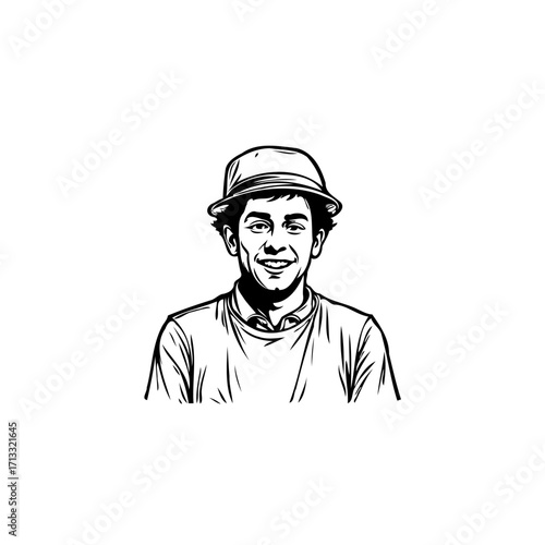 Smiling young man wearing a stylish hat in minimalist black and white illustration portrait