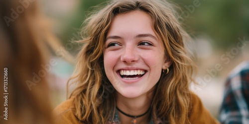 Smiling young woman enjoying a joyful moment during a casual gathering in a natural outdoor setting.