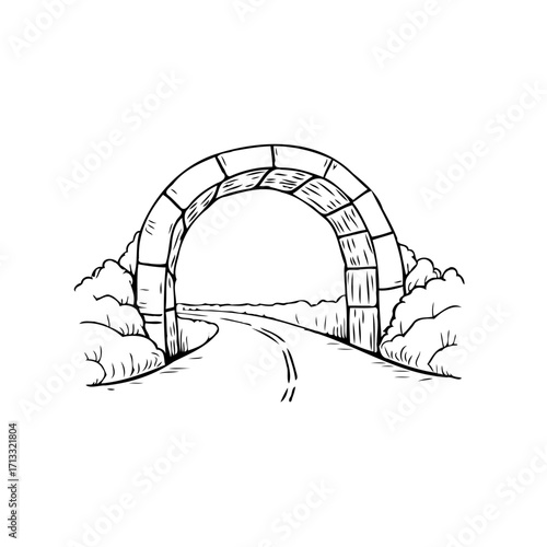 Stone archway over winding road illustration showcases architectural design and natural landscape