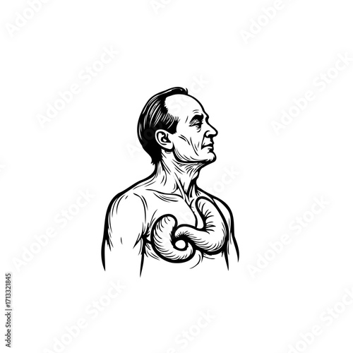Striking portrait of a man revealing metaphorical burden with boxing gloves etched on his chest an