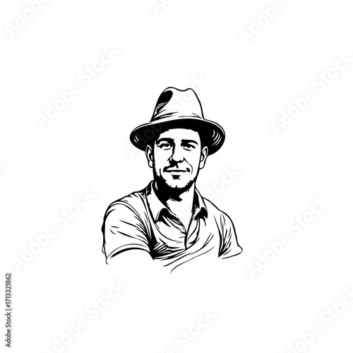 Stylish man with hat portrait illustration sketch conveys sophisticated artistry in a clean and