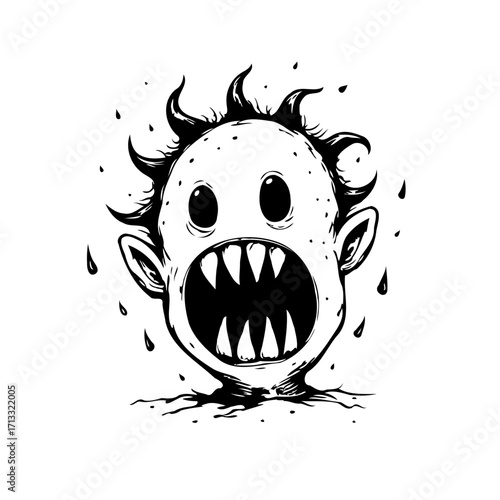 Stylized cartoon illustration presents a quirky character with a large open mouth exhibiting sharp