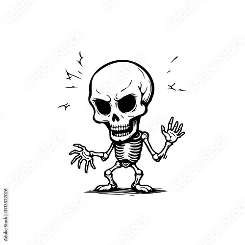 Stylized cartoon skeleton illustration with raised hands and a perplexed expression isolated on a