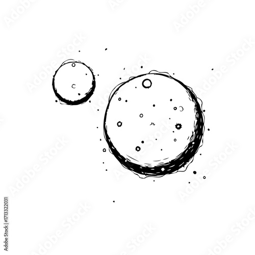 Stylized celestial sphere illustration of moons orbiting, creating a minimalist space exploration