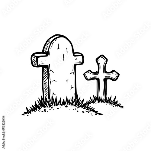 Stylized cemetery drawing featuring gravestones in black and white evoking themes of remembrance