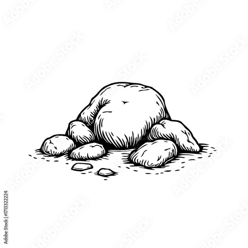 Stylized drawing of a collection of assorted rocks and stones depicted in black and white