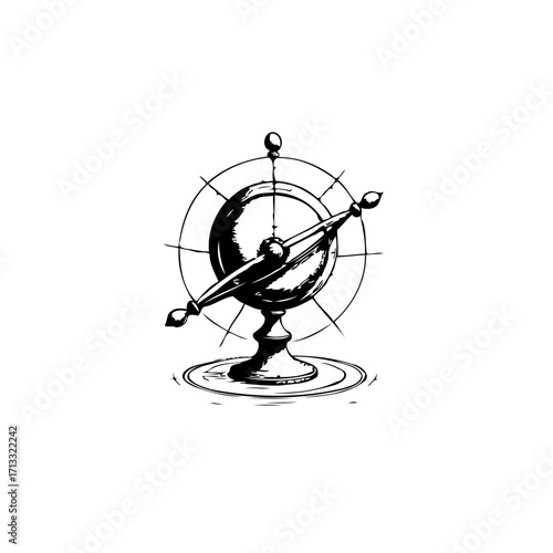 Stylized drawing of a navigational instrument standing tall representing an exploratory journey