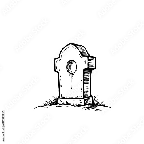 Stylized gravestone illustration with unique circular recess detail conveying somber remembrance