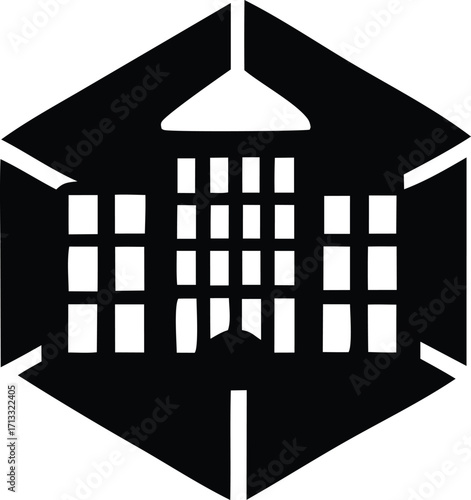 Geometric hexagonal emblem featuring a stylized building facade with arched entrance and window grid patterns