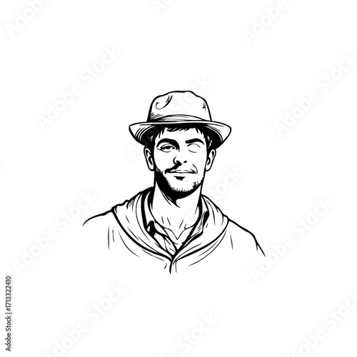 Stylized monochrome portrait illustration of a man with a hat confidently showing expression