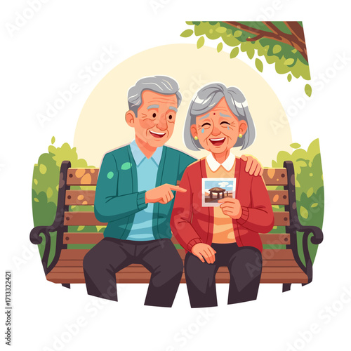 Senior couple reminiscing with a photo on a park bench