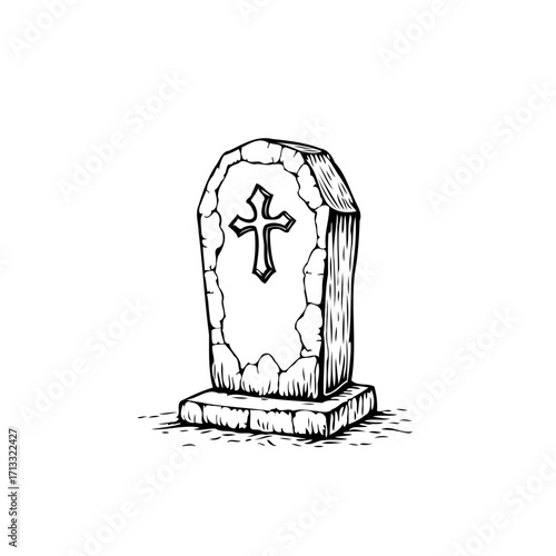Stylized monochrome tombstone illustration with cross emblem offering a somber reflection and