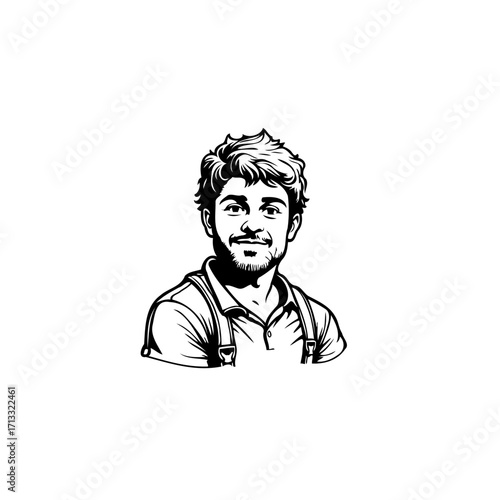 Stylized portrait illustration of a smiling young man with suspenders creating a positive and