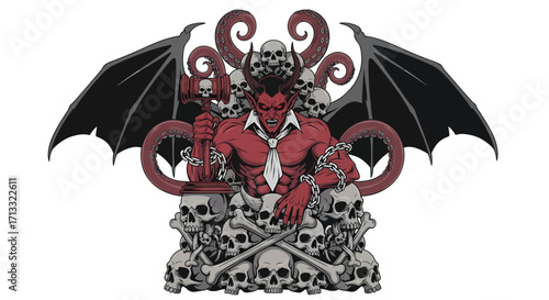 Chained Devil with Gavel Bat Wings and Skulls.