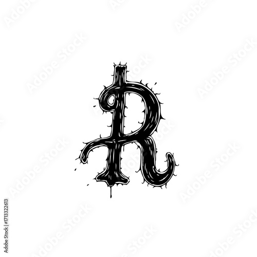 Stylized thorny letter R evoking edgy gothic design with dripping ink detailing artistic