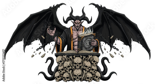 Demonic Figure with Horns Wings and a Grimoire atop Skulls.