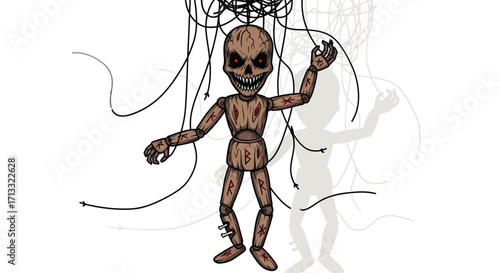 Creepy Wooden Puppet with Glowing Red Eyes and Runes Controlled by Strings.