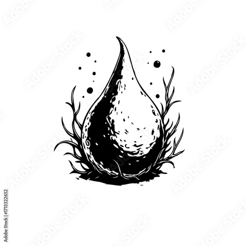 Stylized tear illustration surrounded by organic elements creating an emotional yet compelling