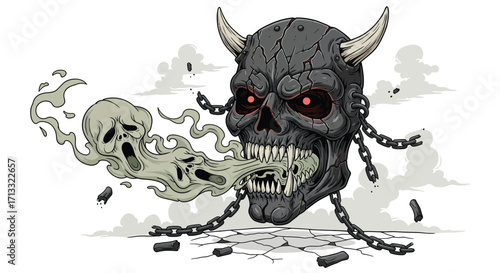 Cracked Horned Skull with Red Eyes and Ghostly Emanation Bound by Chains.