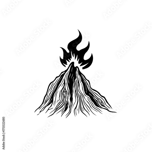 Stylized volcanic eruption illustration showcasing magma and fiery flames amidst a mountain