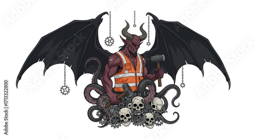 Devilish Construction Worker with Wings Tentacles Skulls and Gears Illustration.