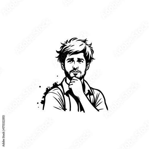 Thoughtful man with hand on chin looking upward contemplating a decision portrait illustration
