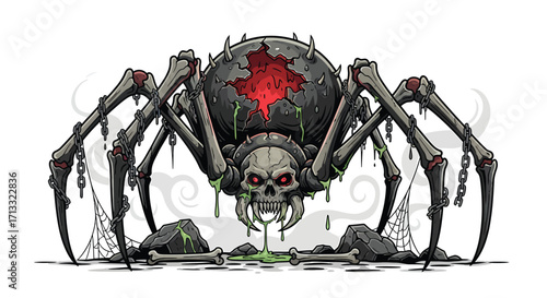 Chained Skeletal Spider Monster with Glowing Red Eyes and Dripping Slime.