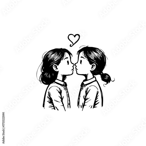 Two youthful figures share affection with a floating heart above creating a captivating monochrome