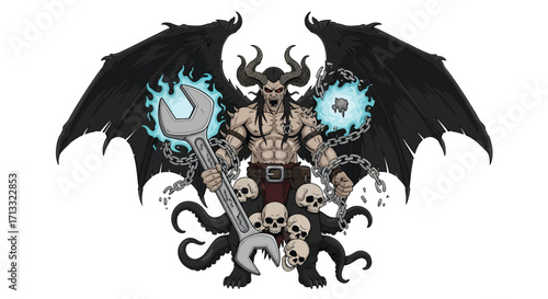 Winged Demon with Horns Chains Skulls Tentacles and a Wrench.