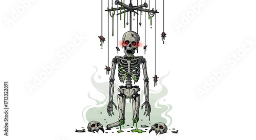 Decaying Skeleton Puppet with Glowing Eyes and Slime.