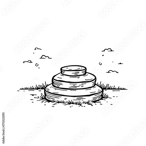 Unique stone formation in an open field with small clouds and grass drawing illustration minimal