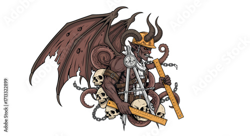 Horned demon architect with tattered wings skulls tentacles and construction tools.