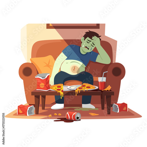 Overweight man with stomach pain from junk food