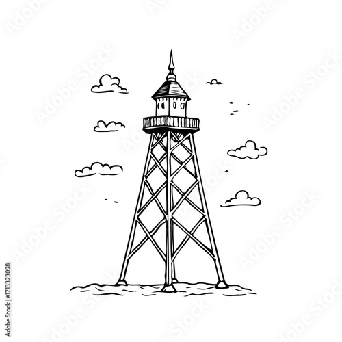 Vintage line art seaside beacon against cloudy sky maritime landmark illustration design