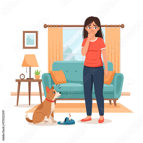 Woman shocked by dog chewing slipper