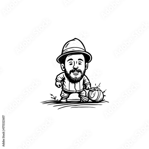 Whimsical caricature illustration: A jovial adventurer with beard and hat holding spherical item
