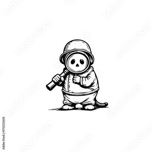 Whimsical Cartoon Character in Military Helmet Holding Magnifying Glass Exploring and Unveiling