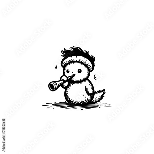 Whimsical cartoon chick cheerfully playing tiny trumpet in a playful black and white scene