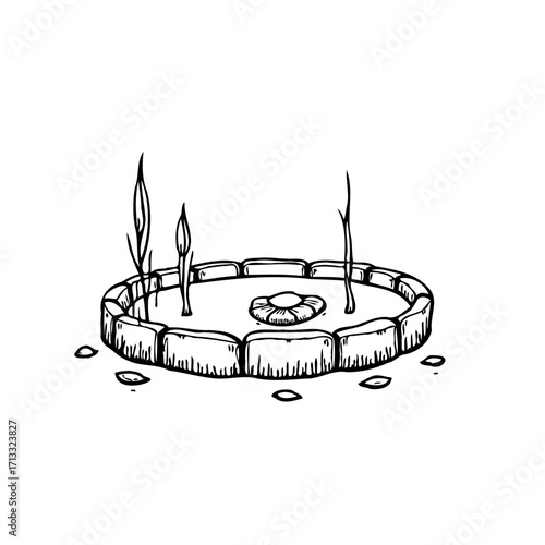 Whimsical circular garden sketch displaying a peaceful water feature and emergent vegetation in a
