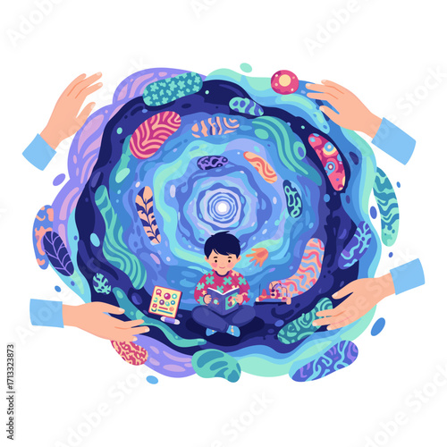 Child reading protected by caring hands in abstract world