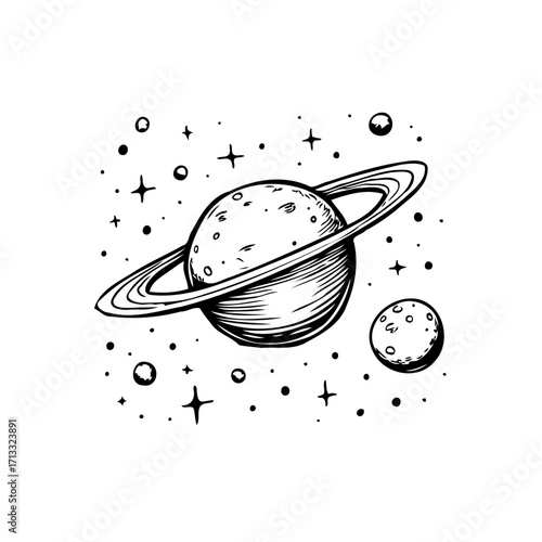 Whimsical cosmic scene: A hand-drawn ringed planet surrounded by stars and celestial objects