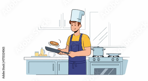 flat vector illustrations A chef flipping a pancake in a modern kitchen setting, wearing a traditional chef's hat and apron.