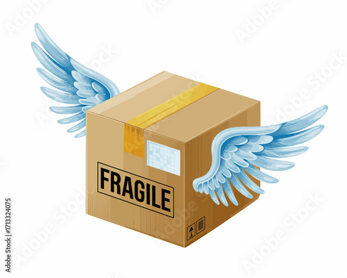 A creative imagery of a cardboard box adorned with angel wings, representing the concept of careful and gentle delivery, ideal for fragile items needing special attention.
