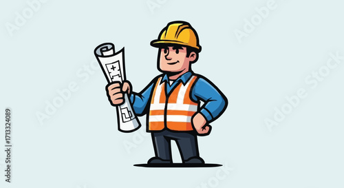 flat vector illustrations An illustration depicting a construction worker with a blueprint in hand and wearing a safety helmet and vest