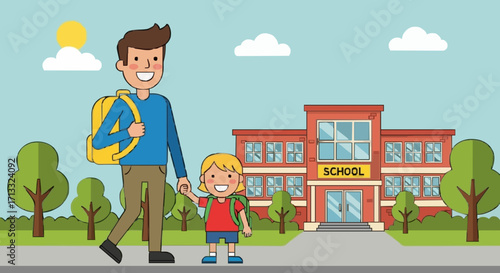 flat vector illustrations A cartoon image depicts a father and child walking together in front of a school