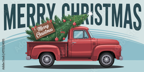 This charming vintage red truck carries a fully decorated Christmas tree, conveying the festive spirit of Christmas and bringing warmth and joy to the holiday season.