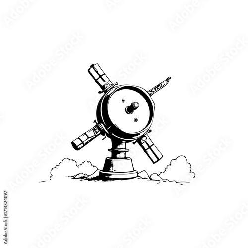 Whimsical depiction of unusual mechanism rising from ethereal clouds in striking monochrome